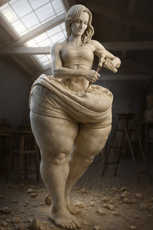 Woman sculpting her own body to free herself from the weight holding her back