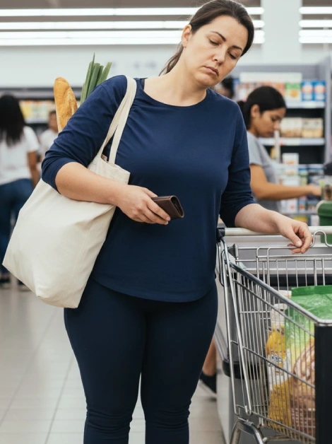 Woman at the grocery store looking at her shopping cart