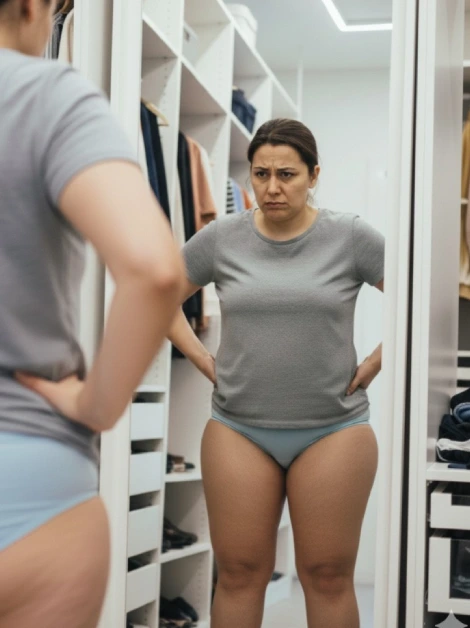 Woman sitting on a bed holding her painful knees